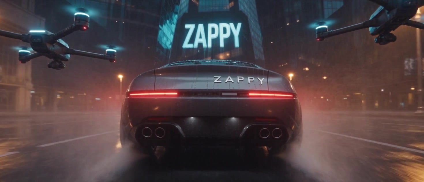 Rear view of a dark coupe with a ZAPPY wordmark on its deck, pursued by drones across a rain-soaked plaza beneath an illuminated ZAPPY tower at night.